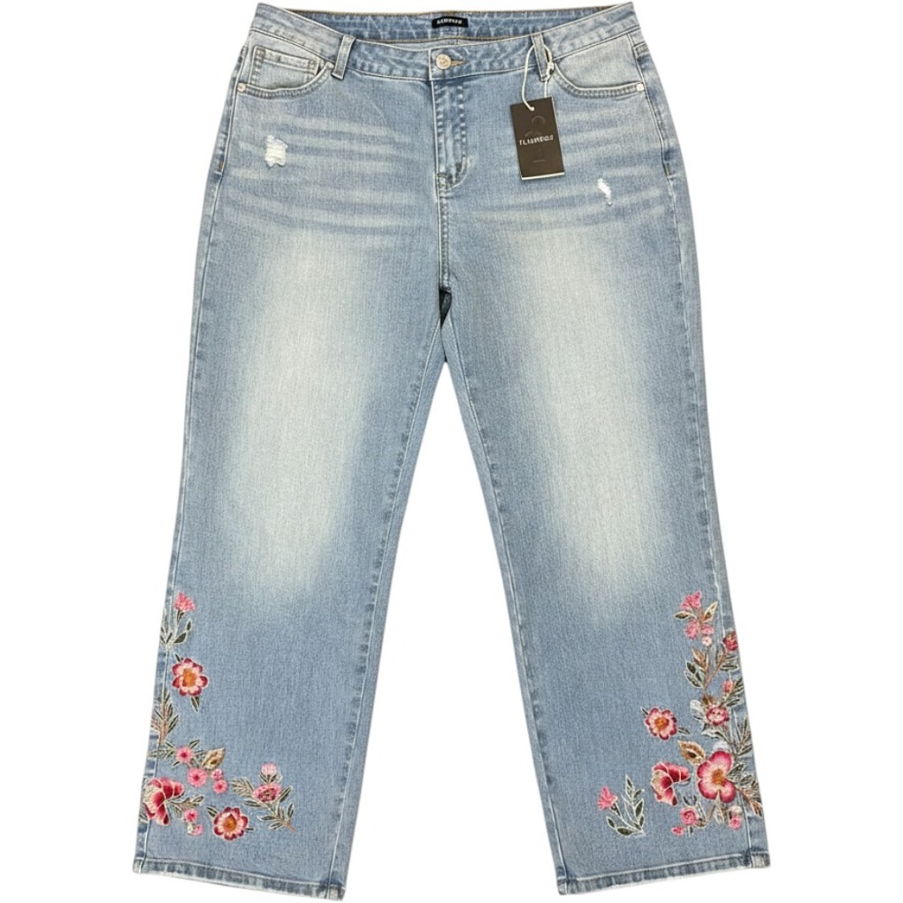 Flamingals Floral Embroidered Straight Leg Jeans Womens Light Blue Distressed
